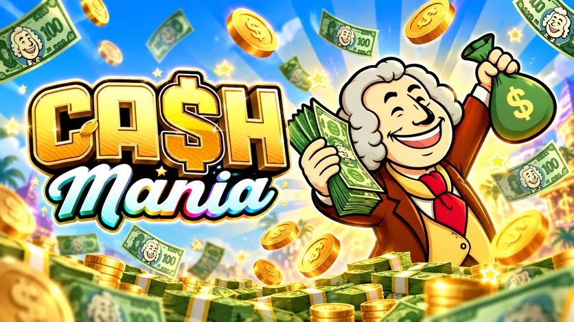 Decorative Cash Mania artwork with a cartoon cash-themed character, banknotes and coins.